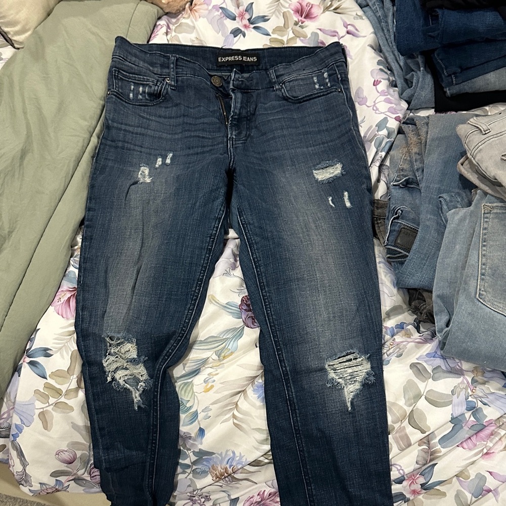 Express Dark Blue Distressed Skinny Jeans